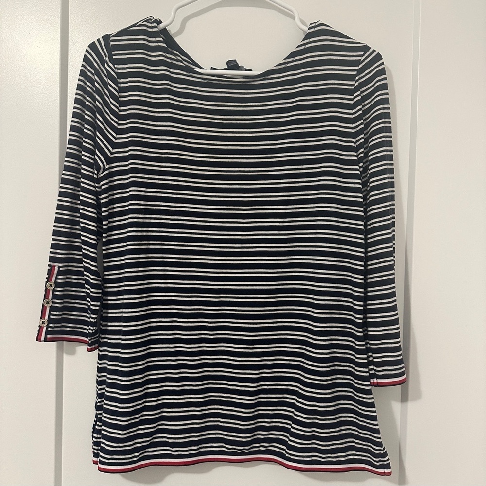 Tommy Hilfiger 3/4 Sleeve Blue White Striped Boat Neck Shirt Size Small Women’s